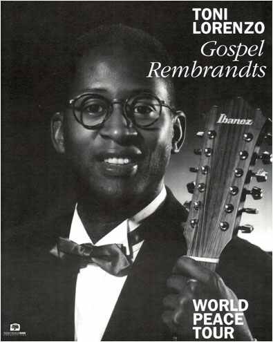 Toni Lorenzo on a Rembrandts poster motif holding a guitar